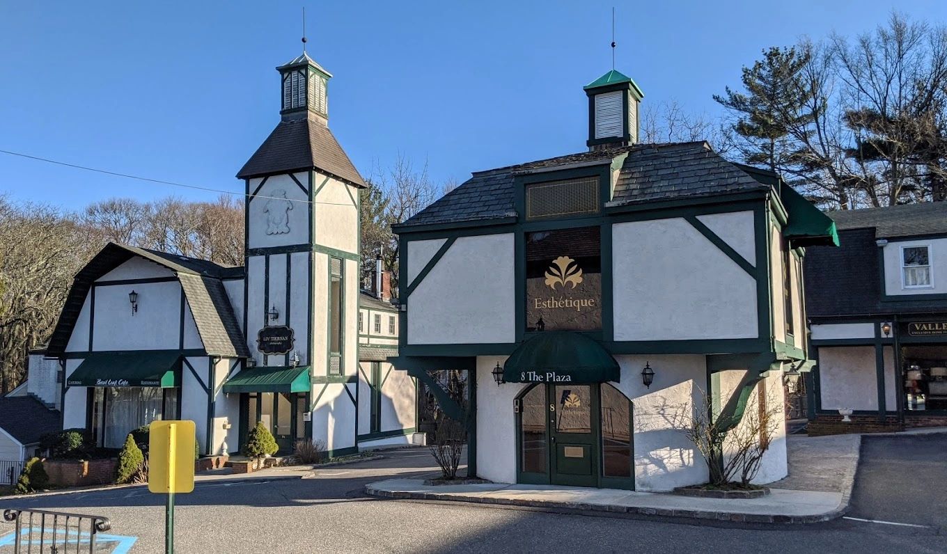 The Esthétique building at 8 The Plaza: white Tudor-style walls, green awning, and the gold emblem sign above the door